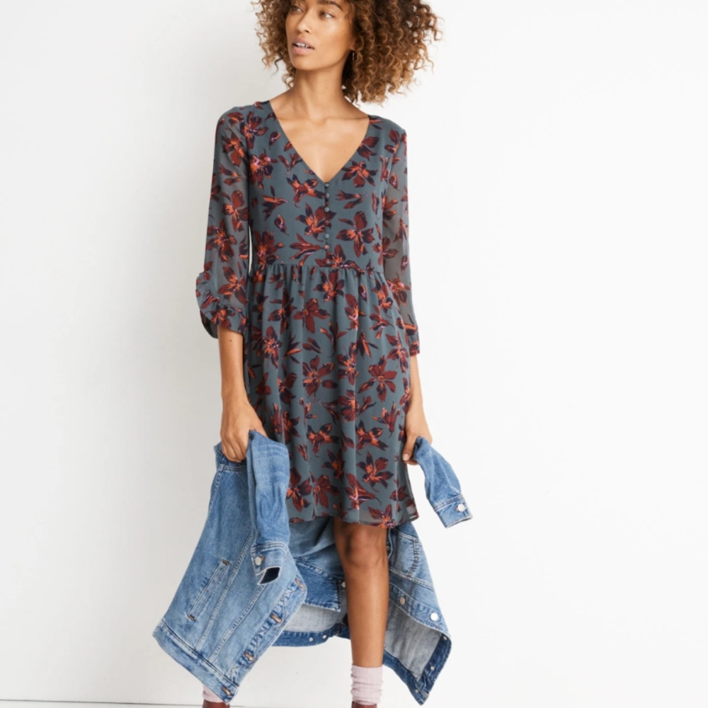 Floral V-Neck Dress in Gray and Red